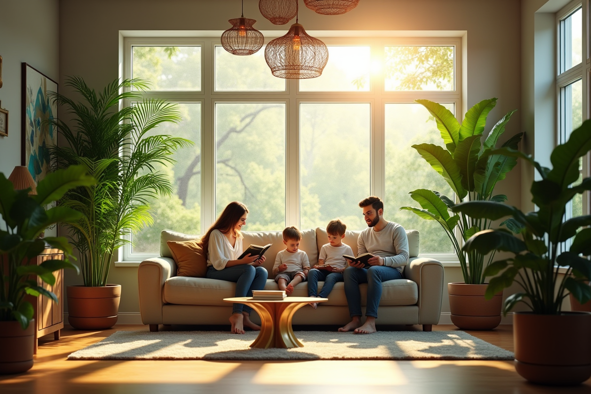 Salon moderne avec plantes vertes et famille lisant