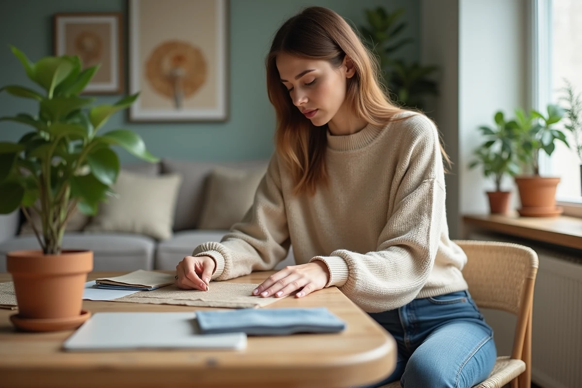 Jeune femme choisissant des tissus dans un salon cosy