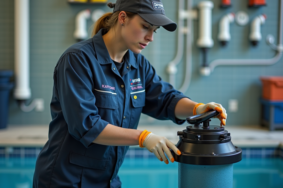 Technicienne en combinaison nettoyant un filtre de piscine intérieur