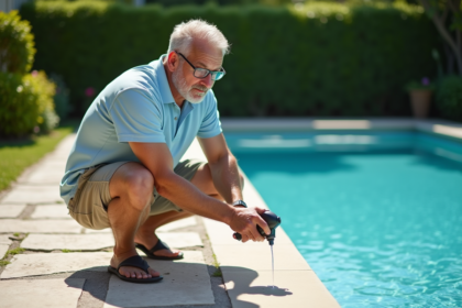 Homme d'âge moyen testant l'eau de la piscine extérieure